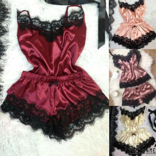 Set đồ ngủ lụa satin hai dây phối ren quyến rũ
