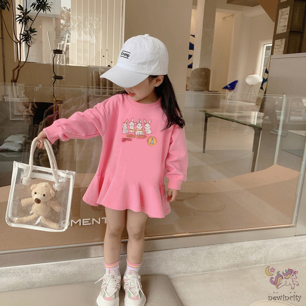 Đầm tay dài in họa tiết hoạt hình dễ thương phong cách Hàn Quốc cho bé gái