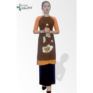 Áo dài truyền thống cách tân thêu nâu hoa sen vàng 4 tà - mặc đi lễ chùa, vãn cảnh - Áo dài Nhã Anh - THCT22