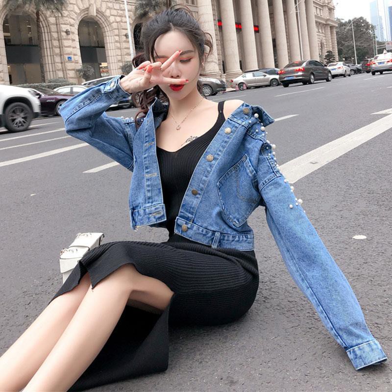 Áo Khoác Denim Dáng Ngắn Đính Hạt Thời Trang Cho Nữ