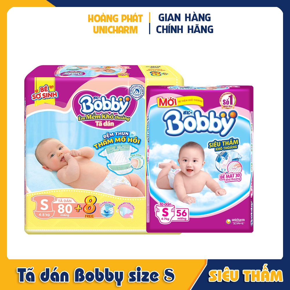 Tã dán trẻ em Bobby siêu thấm size S gói 56 và 80 miếng