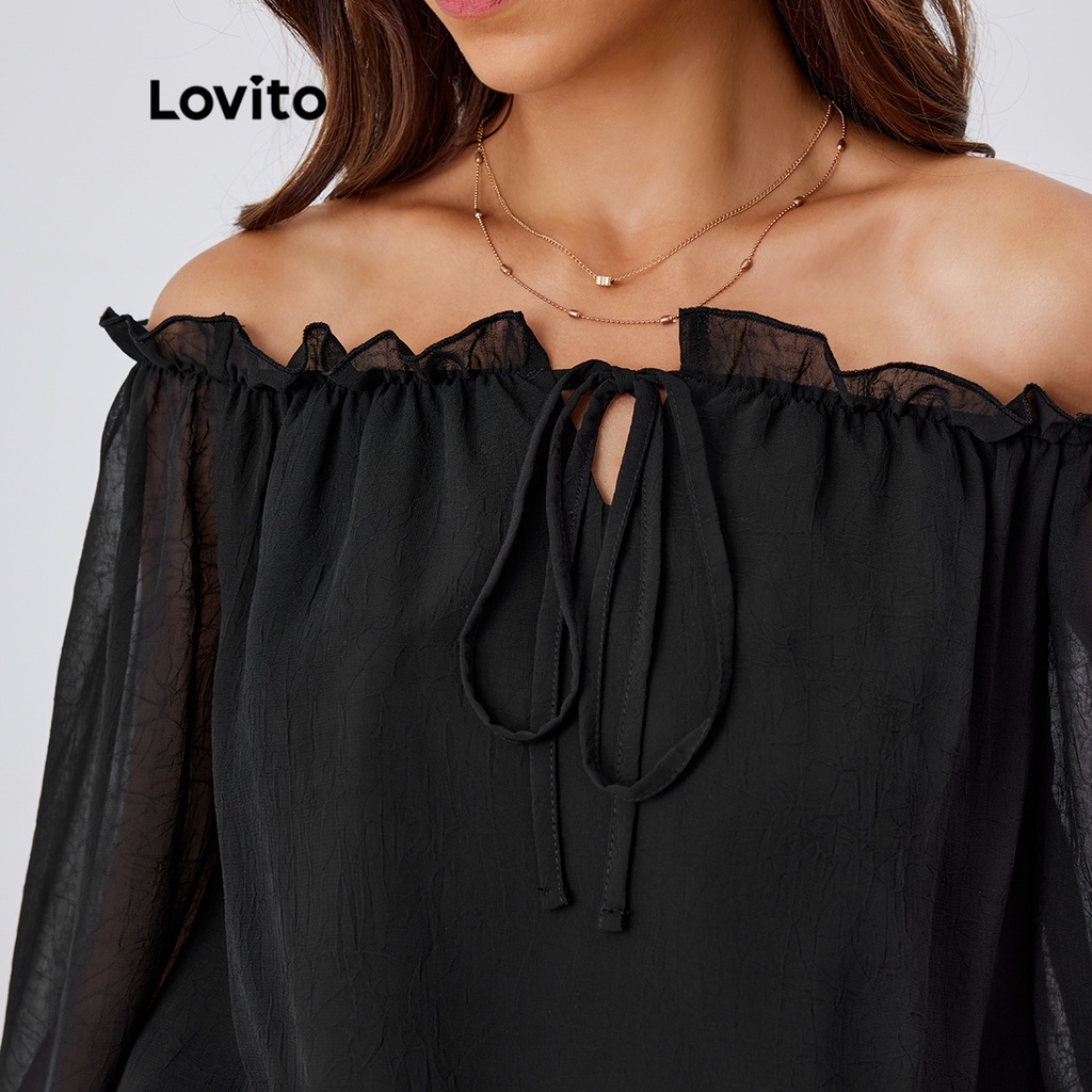 Lovito Boho áo sơ mi chiffon lệch vai L24LD191 (đen)