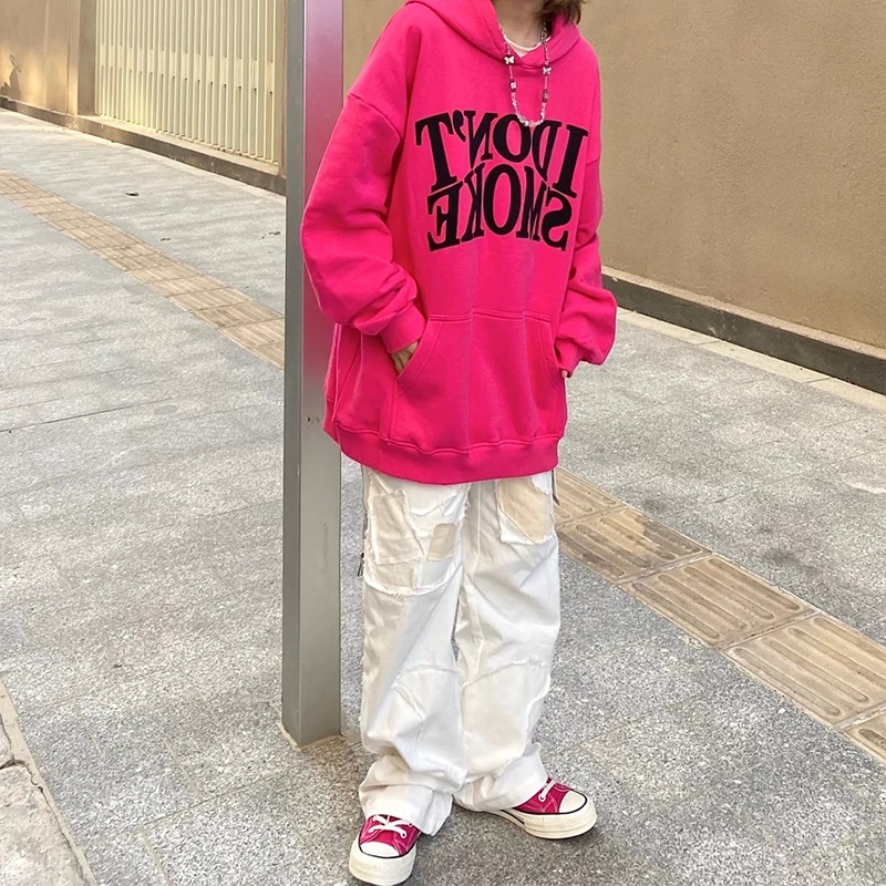 Áo hoodie chữ I DONT SMOKE màu hồng đậm unisex nam nữ cá tính hip hop Châu Âu