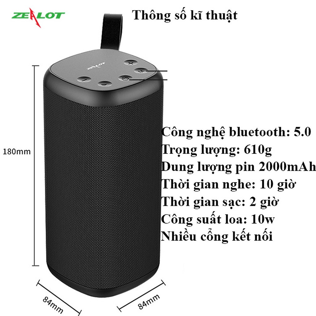 Loa Bluetooth ZEALOT S35 loa kép di động, kết nối bluetooth 5.0, có khe cắm Thẻ nhớ,đài FM cổng USB, Mic và Cổng AUX