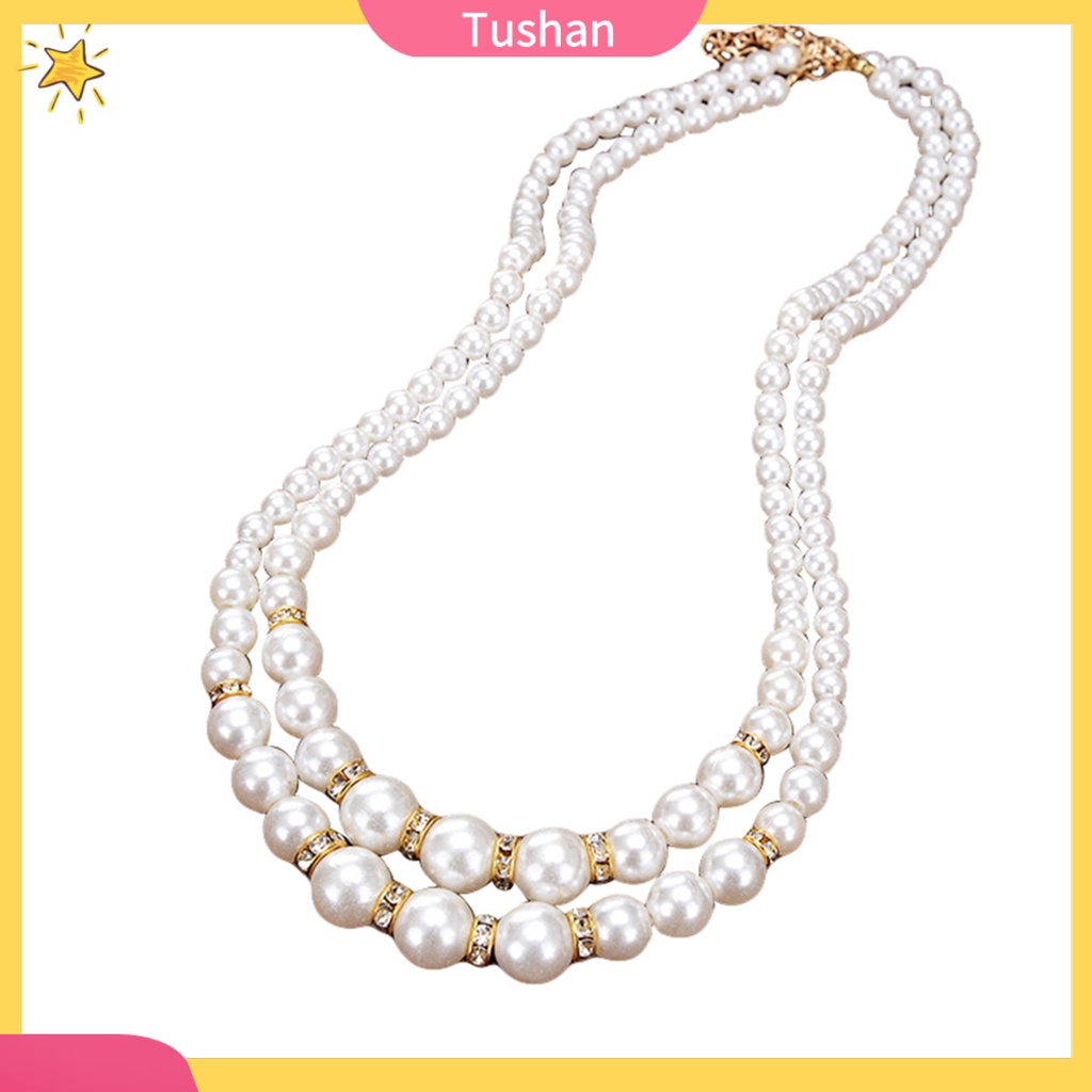 Vòng cổ thời trang kiểu chuỗi hạt ngọc trai giá đính đá trang sức với thiết kế 2 lớp cá tính