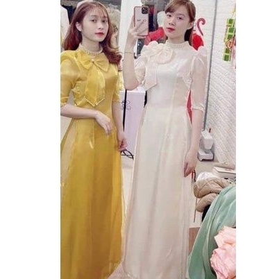 Áo Dài , Áo Dài cách tân tay bồng cổ bèo đính nơ siêu sang chảnh ★QA