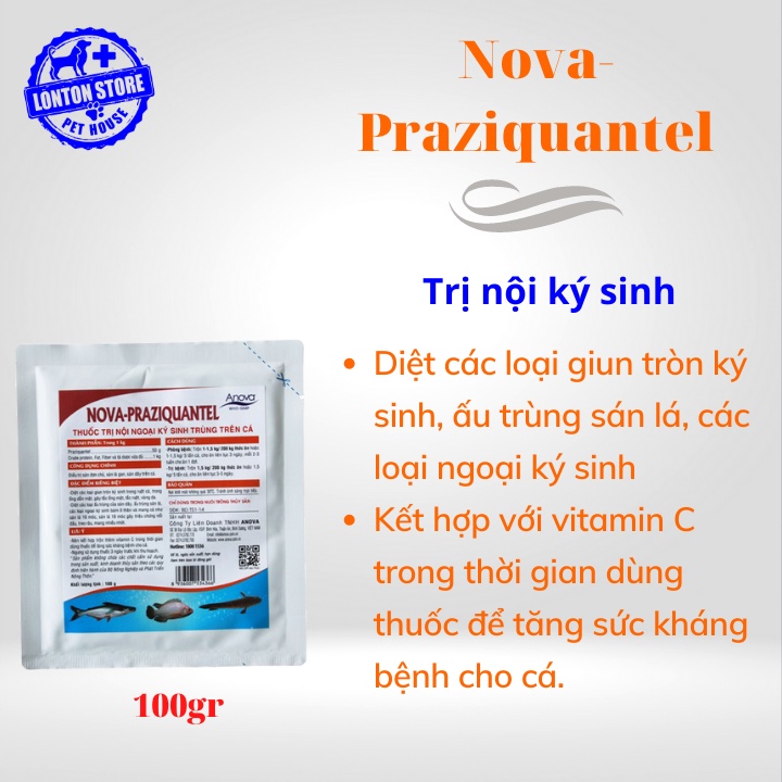 ANOVA Nova Praziquantel - sản phẩm hổ trợ sức khỏe cho cá lươn ốc, gói 100gr