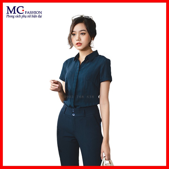 Áo Sơ Mi Nữ Công Sở Đẹp, Kẻ Sọc Có Cổ Đức Bẻ, 2 Màu( Xanh Đen Tím Than, Xanh Nhạt ) Mc Fashion A387