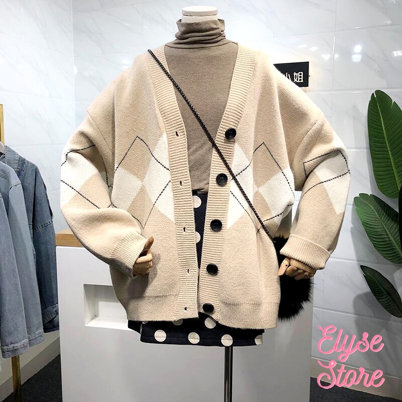 Áo khoác len cardigan retro họa tiết hình thoi dáng dài phong cách Hàn Quốc G-15