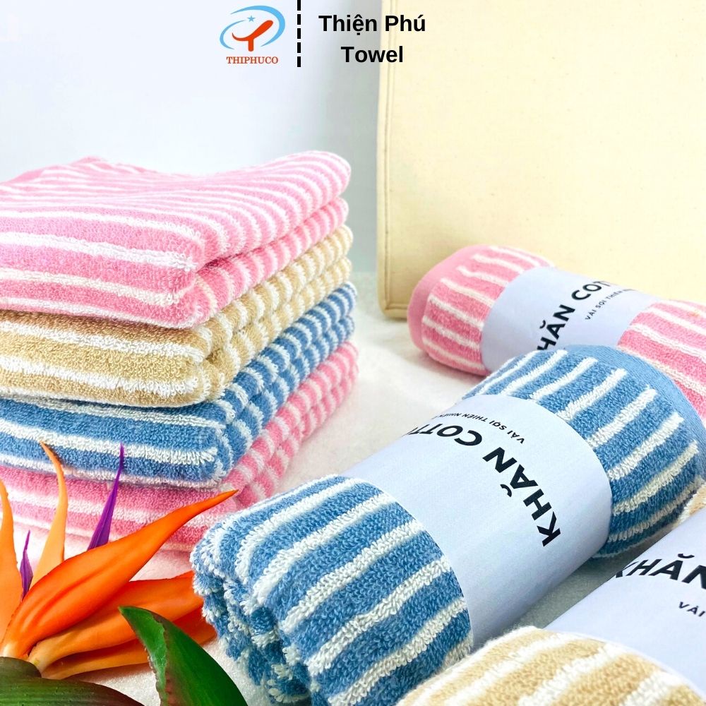 Khăn Tay Cotton Cao Câp Sọc Dọc Thiện Phú 34*34*54g, Khăn Đa Năng S379 Bông Sợi Tự Nhiên Thấm Nước Tốt