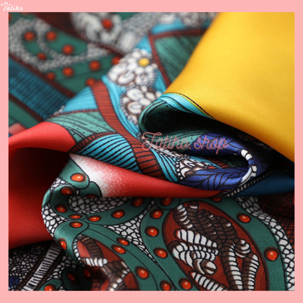 Khăn lụa vuông unisex, Khăn turban làm áo chất chiffon họa tiết yên ngựa phối viền chấm bi sang trọng 70x70cm - Mã KL056