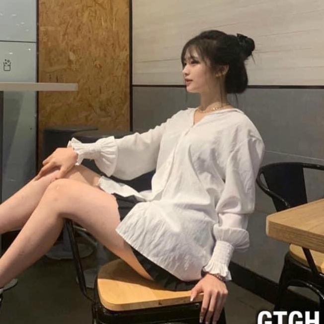 Áo sơ mi nữ vintage form rộng bo chun tay vải đũi màu trắng Shynstores