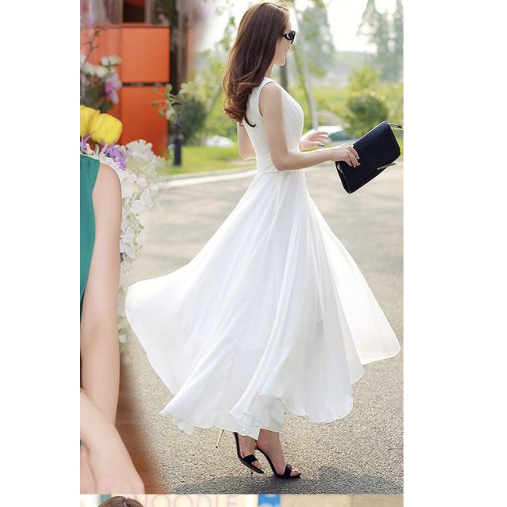 Váy maxi trắng đi biển dự tiệc cực xinh xắn( xanh, đen, trắng)