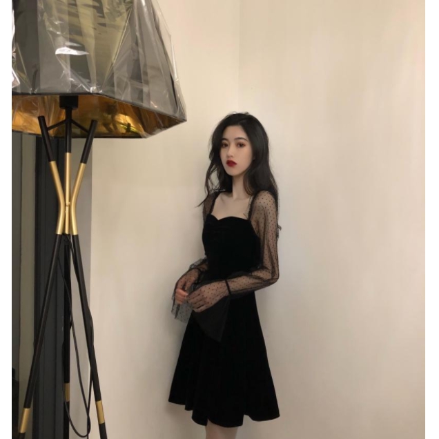 Lưới Khâu Màu Đen👗👗Đầm Ngắn Tay Dài Hở Vai Ôm Eo Màu Đen Quyến Rũ Cho Nữ