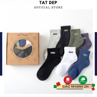 Set tất tuần nam, vớ cổ cao 7 đôi CRAYON màu trơn dày dặn kèm hộp sang trọng