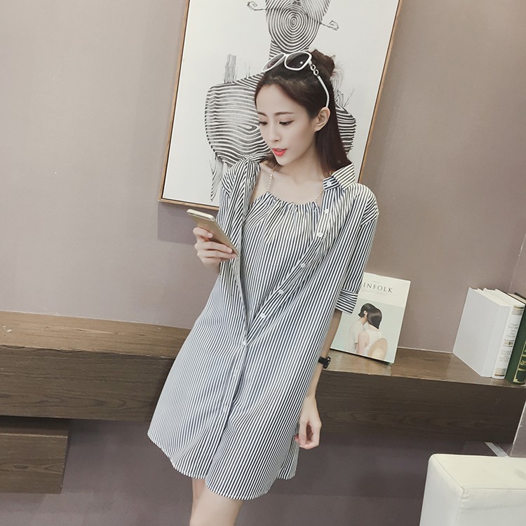 Đầm big size quảng châu sơ mi kẻ sọc giả yếm bên trong áo khoác dính liền D10