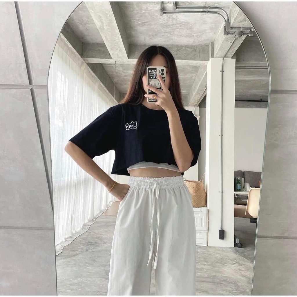 Set đồ quần ống rộng dáng suông nữ, áo phông croptop và áo thun hai dây chất liệu cotton thun thoáng mát thời trang