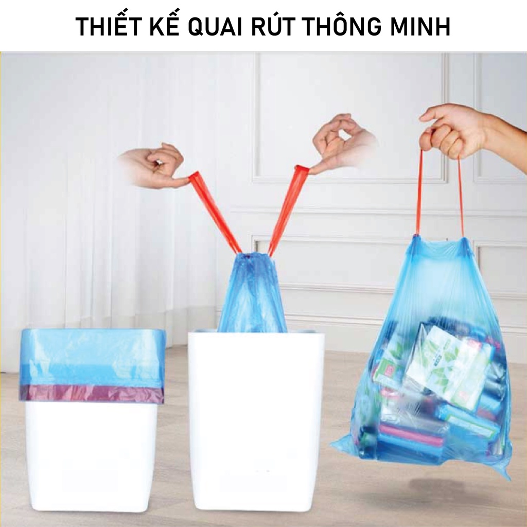 Túi đựng rác có quai rút tiện lợi SUPO MART kích thước 45x50 cm túi đựng rác tự phân hủy siêu dai 15 túi/cuộn