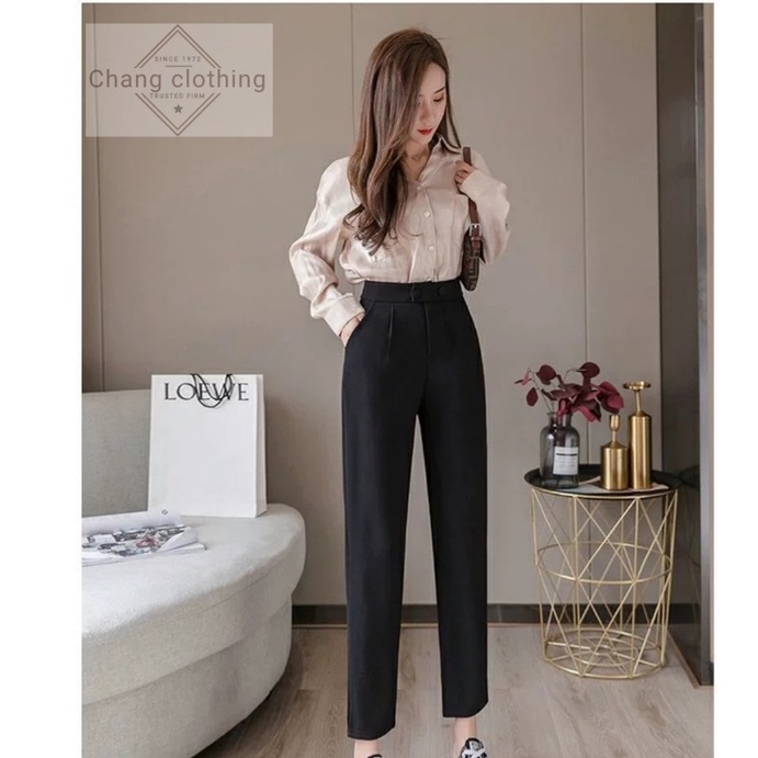 Quần tây baggy nữ lưng cao công sở dáng dài ống đứng kèm đai 2 nút bấm màu đen vải mềm - Quần vải nữ đi học sinh cạp cao