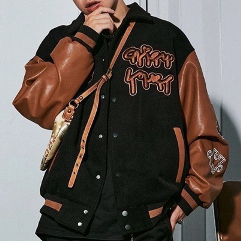 [DEAL SỐC] Áo khoác bomber - Jacket Varsity chữ thêu tay da phối màu nâu form rộng unisex nam nữ