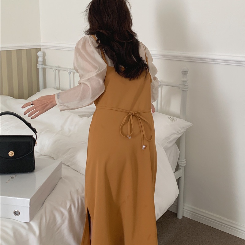 SUXI Bộ Áo Dài Tay + Đầm Hai Dây Màu Sắc Đơn Giản Phong Cách Hàn Quốc