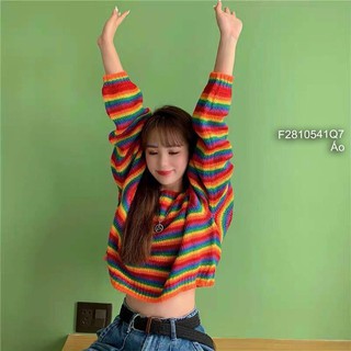 Áo len sọc màu cầu vồng cổ tròn form rộng tay dài!