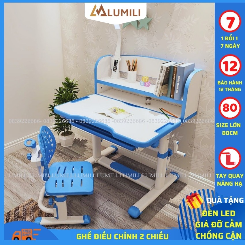 bàn học có giá sách cho bé Lumili R9 Premium chống gù chống cận, bàn học kèm kệ sách cho bé, phù hợp cho học sinh