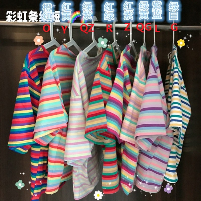 Áo Thun Lửng Tay Ngắn Kẻ Sọc Cầu Vồng Thời Trang Cho Nữ
