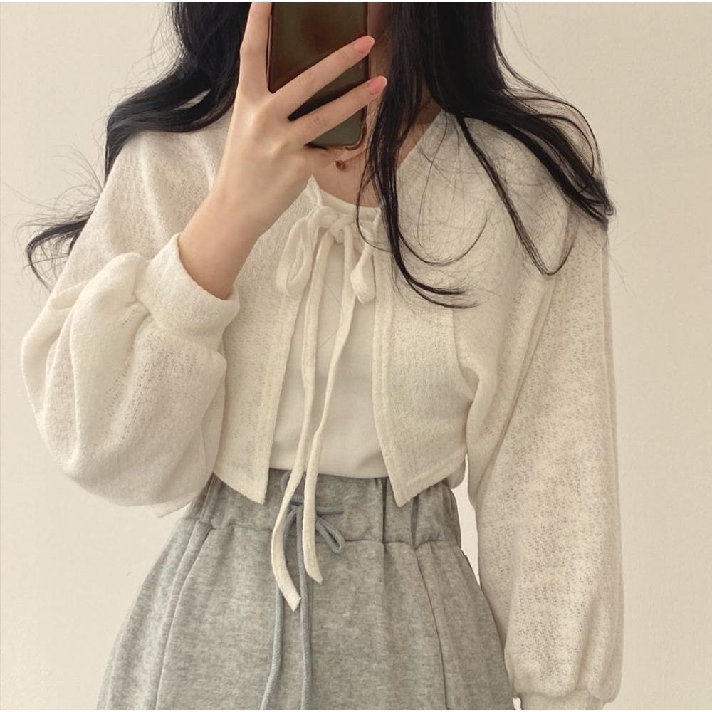 Áo Khoác Cardigan Mỏng Tay Phồng Cột Dây Dáng Ngắn Phong Cách Retro Mùa Hè Dễ Phối Đồ Cho Nữ
