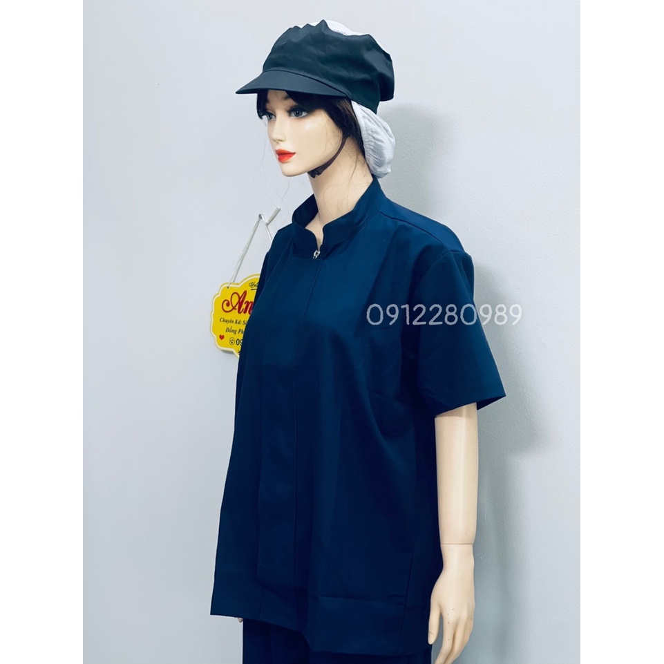 [Áo+Quần+Mũ] Đồng Phục ngành Thực phẩm, Thủy sản tay ngắn màu xanh vải kaki dày dặn _ Hình chụp thật