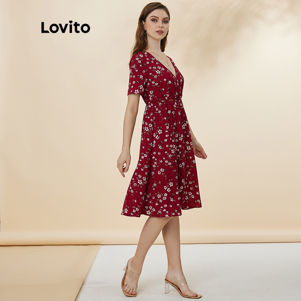 Đầm Lovito thường ngày in hoa tôn dáng cổ chữ V mùa hè L19D425 (màu đỏ)