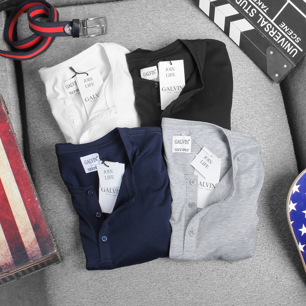 Áo thun nam cổ tròn Galvin raglan có khuy cổ vải cotton co giãn cộc tay ngắn lỡ bộ 4 màu APGV4 - Leo Vatino