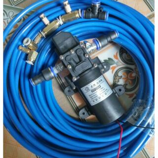 combo bơm mini 12v phun sương có sẵn nối ống 8mm, 20m dây 8, 4 béc phun sương, 1 T nhựa