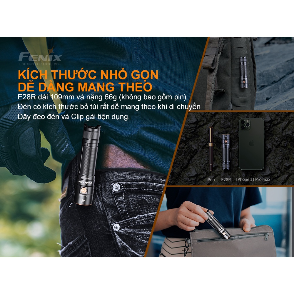 Đèn pin FENIX E28R độ sáng 1500 lumen chiếu xa 200m sạc USB C pin sạc 18650 3400mAh kèm theo