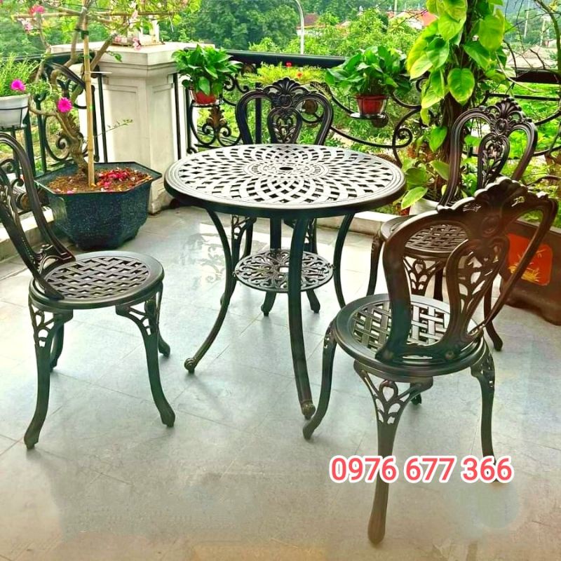 Bàn ghế nhôm đúc sân vườn bộ 4 ghế 1 bàn tròn 78cm cao cấp
