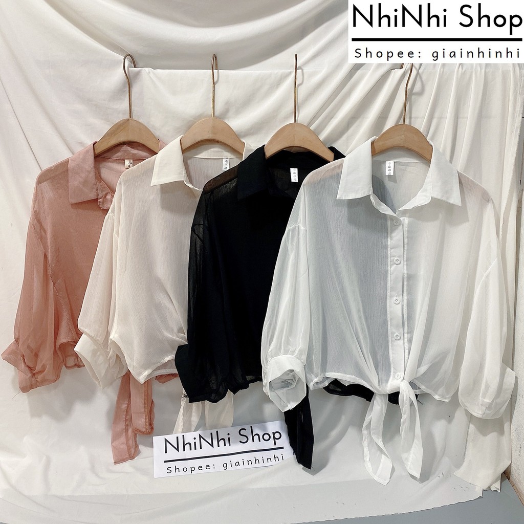 Sơ mi von mỏng buộc vạt, Áo sơ mi kiểu dài tay dáng rộng CS071 - NhiNhi Shop