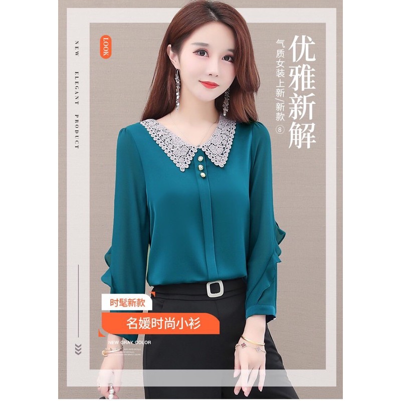 áo sơ mi công sở cách điệu tay dài cổ đính hạt size M L Xl