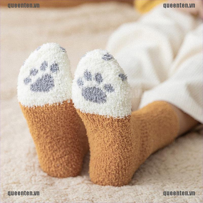 Vớ Lông Cừu San Hô Hình Dấu Chân Mèo Dễ Thương Giữ Ấm Mùa Đông Cho Nữ