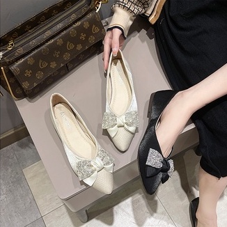 T617 Giày búp bê đế bằng thời trang phong cách Hàn Quốc mẫu mới đế bệt đính nơ mũi nhọn
