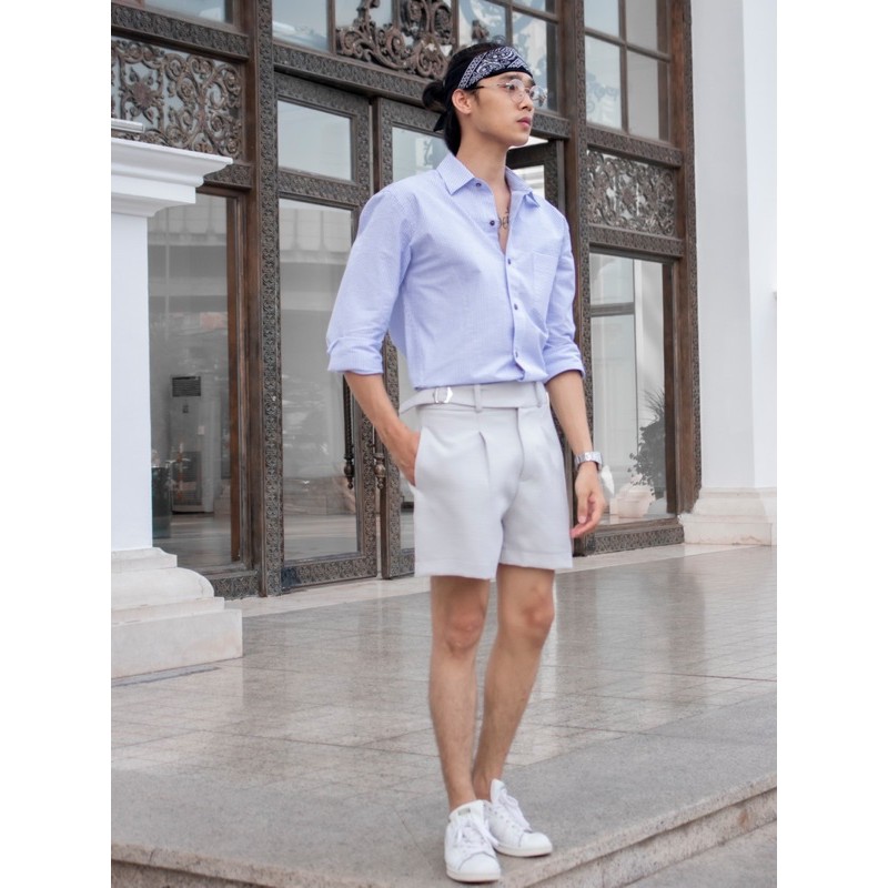 NOBUTA - Set Áo sọc + shorts xám kiểu unisex phong cách Hàn Quốc