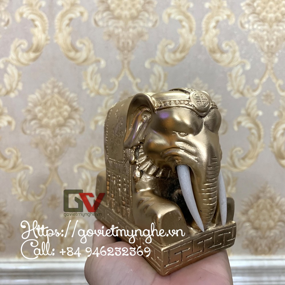 Tượng đá con voi trang trí phong thủy dáng voi quỳ phục bảo vệ gia chủ - Dài 12cm - Màu nhũ đồng