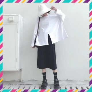 Áo thun nỉ nữ dài tay xẻ vạt đen trắng form rộng ulzzang