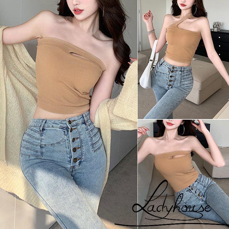 Áo Dệt Kim Sát Nách Hở Rốn Màu Trơn Có Miếng Đệm Ngực Thời Trang Cho Nữ