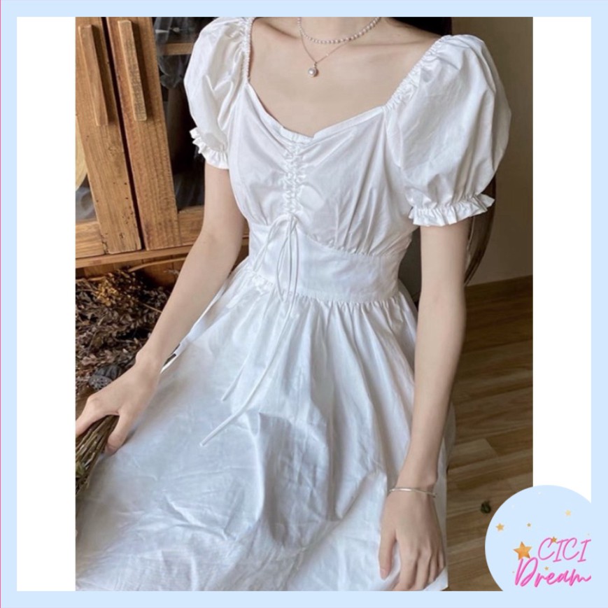 váy nữ babydoll rút dây ngực, đầm dáng xoè nhún ngực cộc tay bồng phối bèo siêu hot mới