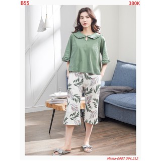 Đồ bộ mặc nhà nữ 💐FREE SHIP💐 Đồ bộ mặc nhà xanh olive cổ lá sen nữ tính - Micha B55 [bộ ngủ nữ]