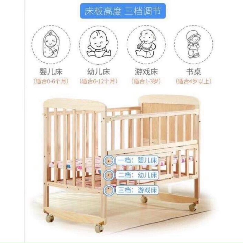 (SIÊU RẺ) Giường cũi cho bé 2 tầng bằng gỗ thông cao cấp chắc chắn, cũi gỗ đa năng cho bé