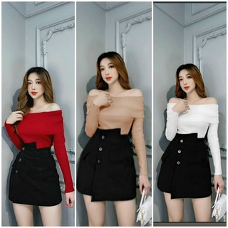 Set đồ nữ ⚡𝙎𝙄𝙀̂𝙐 𝙎𝘼𝙇𝙀⚡ Set bộ áo trễ vai tay dài kèm chân váy cài nút thật, Chất mềm mịn đi chơi đi tiệc