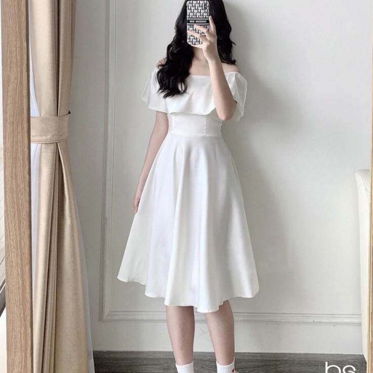 Đầm Trắng Nữ Ngắn Tay Chun Vai Cổ Vuông Chất Đũi Siêu Xinh | BigBuy360 - bigbuy360.vn