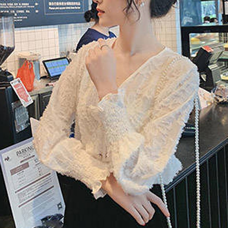 Mới Áo Chiffon cổ chữ V tay loe dáng rộng phối tua rua