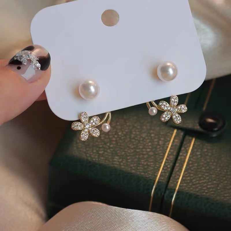 Bông Tai Hình Hoa Mạ Bạc 925 Đính Ngọc Trai Sang Trọng Phong Cách Hàn Quốc 2022